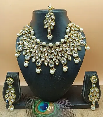 Indian Bridal Choker Bollywood Necklace Earrings Tikka Jewelry Set Pearl • $25.99