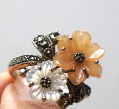 Cna Pranda 925 Ring Sterling Silver Marcasites Crystals Flowers Signed Jewelry 8 • $39.99