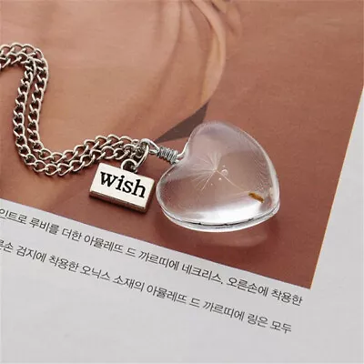 Heart Dandelion Seed MAKE A WISH Love Necklace Silver Chain Gift Pendant Resin • $12.99