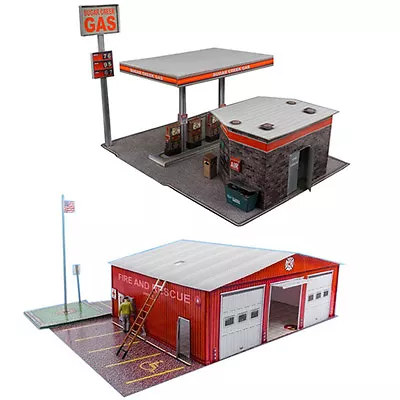 1:87 Train HO Scale  Gas Station & Fire Department  Model Building Kit Scenery • $20.66