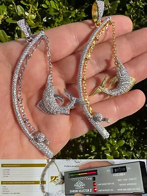 Iced Moissanite Large Mens 925 Silver / Gold Fishing Pendant Rod & Fish Necklace • $197.95