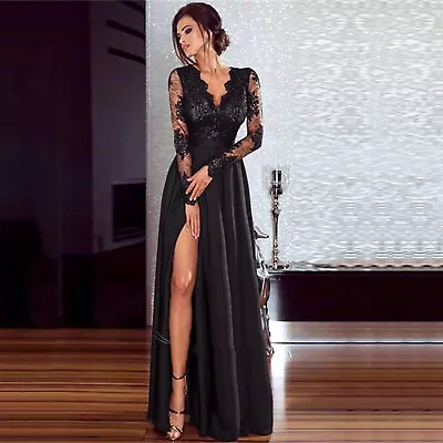 Women Floral Lace Maxi Dress Long Sleeve V Neck Bridesmaid Wedding Evening • £17.89