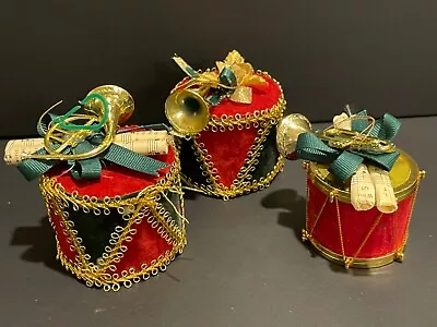 Vintage Drum Christmas Ornaments Velvet Gold Trim With Embellishments Set Of 3 • $18