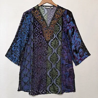 Soft Surroundings Top XS Womens Vistosa Tunic Purple Beaded Velvety 3/4 Sleeve • $26.35