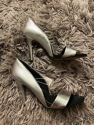 New Tags Zara Textured Faux Leather Silver Strap Open Toe Court Shoes 3 36 £40 • £19.99