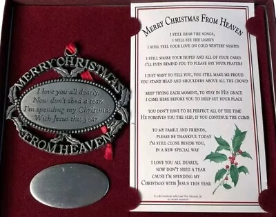 NEW-Vintage Merry Christmas From Heaven Pewter Ornament  With Name Plate In Box • $12