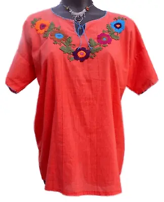 Mexican Embroidered Blouse Womans Floral  Orange Short Sleeve Medium Size 10 12 • $38