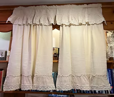 7 Pr Beige Cotton Muslin Café Curtains/valances Rod Pockets Crocheted Fringe.  • $120.79