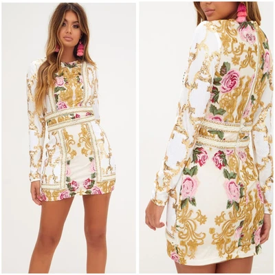 $29.95 • Buy Pretty Little Thing Siz 8 White Embroidered Long Sleeve Pearl Trim Bodycon Dress