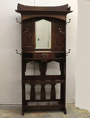 Antique Mission Arts And Crafts Oak Hall Tree Stand With Mirror • $2750