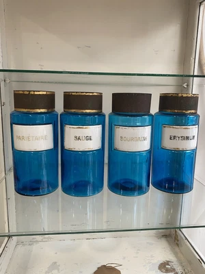 £345 • Buy Set  4 Antique French Apothecary Pharmacy Blue Jars Bottles Enamel Labels