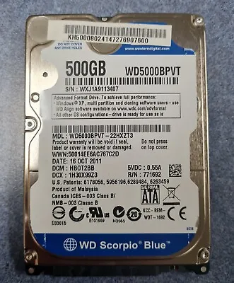 Western Digital WD 500GB 2.5INCH SATA HDD - WD5000BPVT Hard Drive Scorpio Blue • $14.95