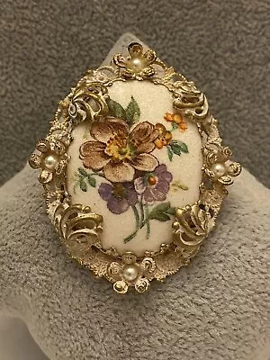 Vintage Signed West Germany Gold Tone Sugar Glass Faux Pearl Floral Brooch • $55