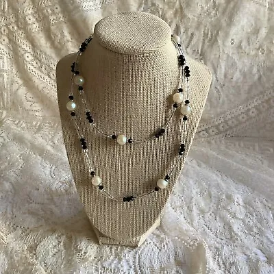 Vintage Givenchy Black White Faux Baroque Pearl & Crystals Long Necklace 17 1/4  • $19.99