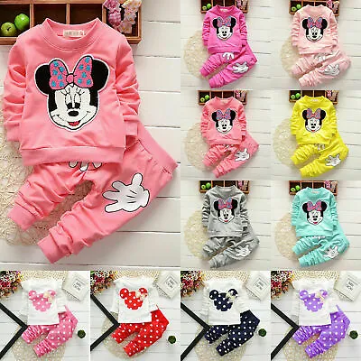 Kids Girls Casual Minnie Mouse Long Sleeve T-Shirt Pants Outfits Set Clothes • £11.95