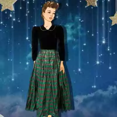 Dramatic Green Tartan Taffeta 1980’s Vintage Prom Gown Black Velvet Bodice Dress • $75