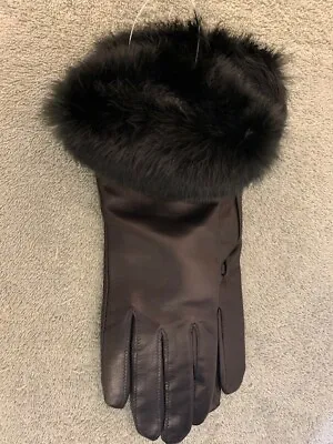 Neiman Marcus Sheepskin Leather Gloves W/ Rabbit Fur Cuff - Black Size S • $83.99