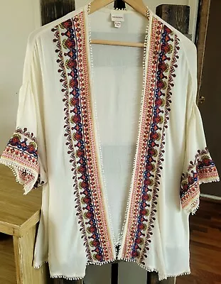 Merona XL Boho Embroidered Hippie Open Kimono Artsy Crochet Lace Trim • $6