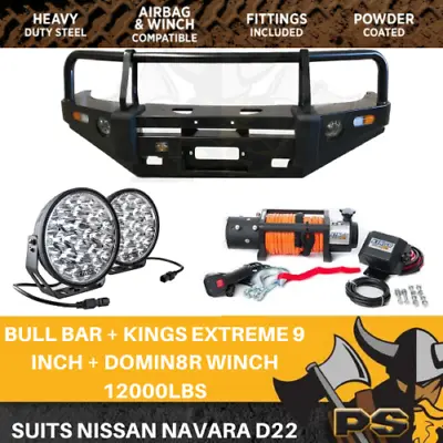 PS4X4 Deluxe Steel Bull Bar + Kings Winch Combo To Suit Nissan Navara D22 Steel • $1749