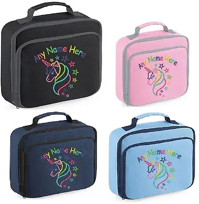 Personalised Embroidered Rainbow Unicorn & Stars Design Lunch Bag. Insulated • £18.49