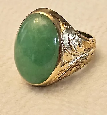 Men's 14k Gold Etched Oval Natural Jade Signed Ring Size 10.5 Weighs 17.5 Gms • $405