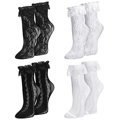 $16.70 • Buy 4 Pairs Women Lace Ruffle Cup Black And White Ankle Socks Cute Socks Trim Fri