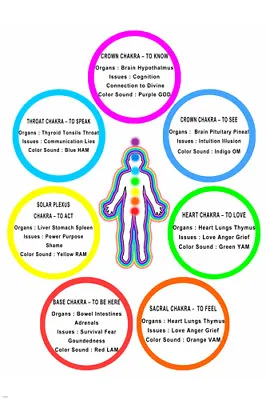 CHAKRA Chart Poster COLORS MEANINGS BODY PARTS 20x30 Bright TOP Quality   • £9.63