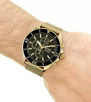 New Hugo Boss Mens Watch Yellow Gold Mesh Strap & Black Dial Hb1513703 Ocean Uk • £92.99