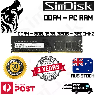 SimDisk DDR4 PC RAM Memory 8GB 16GB 32GB RAM 3200MHz 1X 2X • $139.99