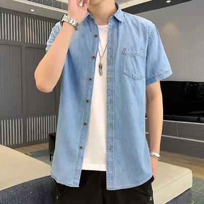 Mens Denim Shirts Slim Fit Short Sleeves Washed Jeans Cotton Casual Shirts Tops • $17.05