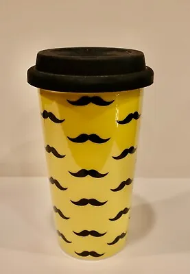 Ciroa Porcelain Travel Coffee Cup Mug Silicone Lid 10 Oz Yellow / Black Mustache • $9.99