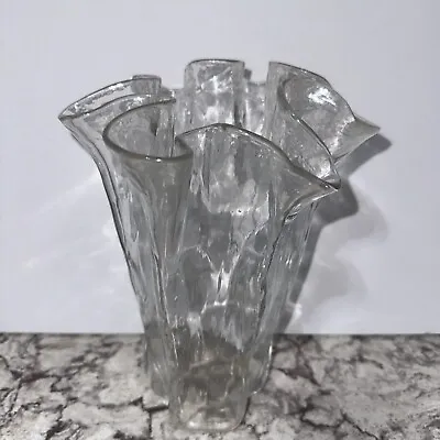 Muurla Finland Clear Ruffle Handkerchief Vase 9.25” Vintage MCM Hand Blown Glass • $32