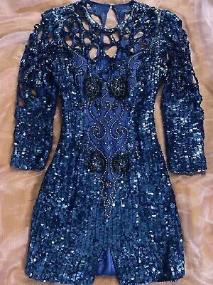 Vintage Alyce Designs Sequined & Beaded Blue Cut Out Cocktail Dress Size 12 • $95.80