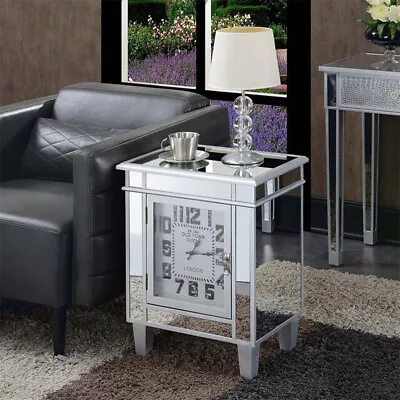 Silver Mirrored Glass Bedside Table Nighstand Side Table Cabinet W/ Quartz Clock • £115.96