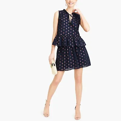 J CREW 2PC Navy Gold Shimmer Threading Ruffle Top Smocked Skirt Suit NWT XS • $40.99