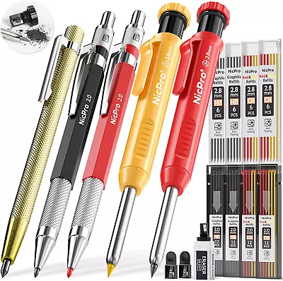 Nicpro 5 Pack Mechanical Carpenter Pencil Set With 76 Refills & Carbide Scribe T • $26.24