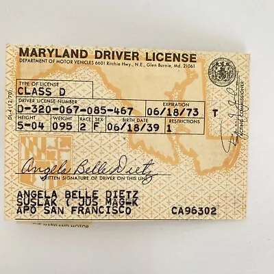 1971 Vintage Maryland Driver License With APO Address Expires 1973 • $9.95