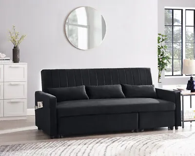 Sofa Bed Pull Out Velvet Or Linen 3 Seater  Grey Blue Black Chaise Function • £449.99