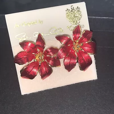 Vintage Cerritos Signed Red Poinsettia Enamel Earrings • $16.50