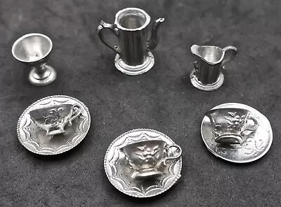 Vintage Partial Dollhouse Miniature Tin Metal Tea 9 Piece Set Cups Saucers Other • $5.50