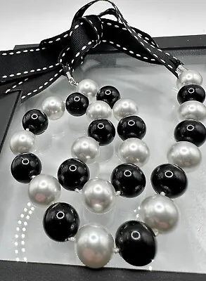 Vintage Black Glass And White Pearl Necklace Ribbon Silver!! • $14.99
