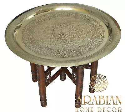 Handmade Moroccan 20  Round Brass Tray Tea Table With Folding Wood Stand • $265