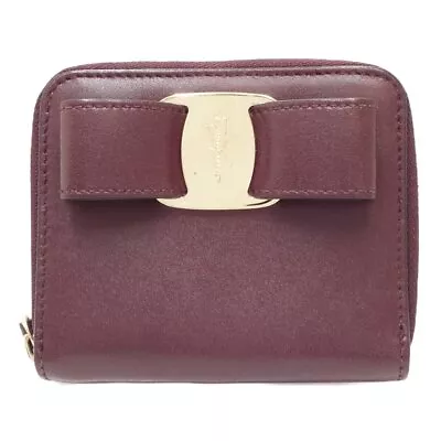 Salvatore Ferragamo Compact Wallet Vara Ribbon Leather Bifold Wallet /083652 • $243.10