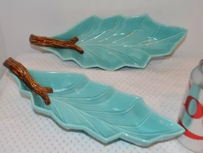 2 Vintage '57 Miramar California Pottery Leaf Candy Dish Turquoise Teal 700 • $29.99