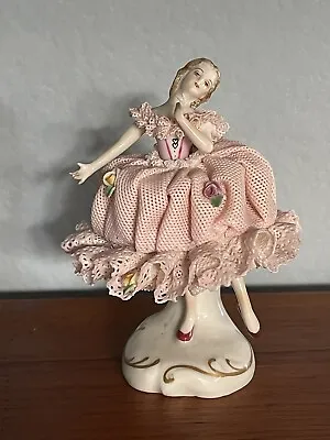 Vintage 4” MZ Irish Dresden Happy Dancing Lady Pink Lace Dress Ireland Flowers • $20