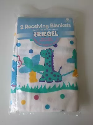 Vintage Riegel Baby 2 Receiving Blankets 30x40 White Polka Dot Animal Parade • $27