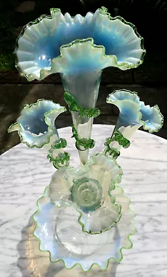 Antique Vaseline Uranium Art Glass Epergne 4 Trumpet Centerpiece 23 ~ 58cms Tall • £475