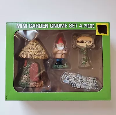 Mini Fairy Garden Gnome Set 4 Piece House Welcome Sign Figure Stone Path Boxed • $9.95