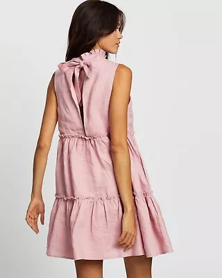 AERE Frill Tiered Linen Mini Dress BNWT Sz 14 Pink • $65