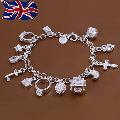 925 Sterling Silver Plated Charm Bracelet Crystal Charms Chain Link 8  UK • £4.49